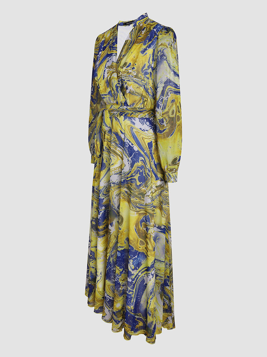 Yellow Printed Rendering Waist  Dress