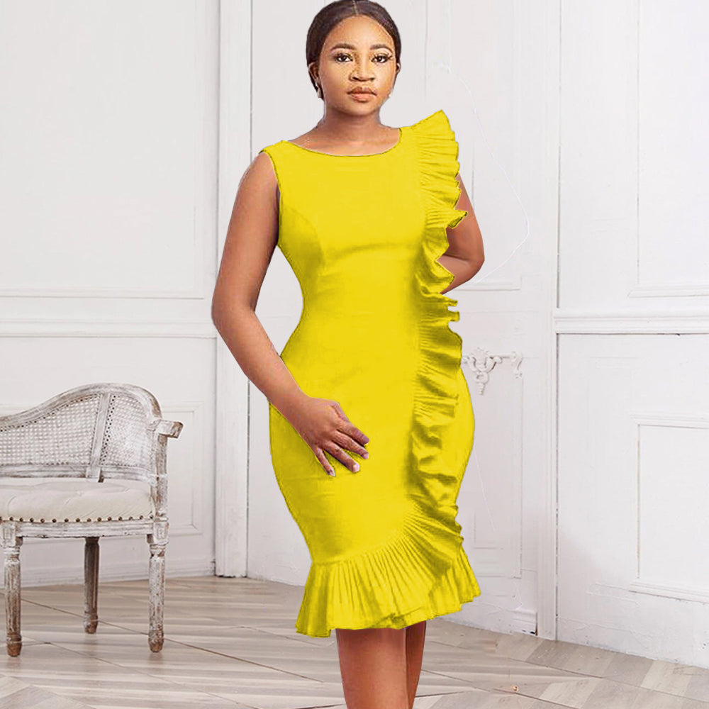 Women Dress O Neck Sleeveless Bodycon Classy Ruffle Plus Size Elastic Slim Vintage Evening Party Birthday Summer 2021 Female New