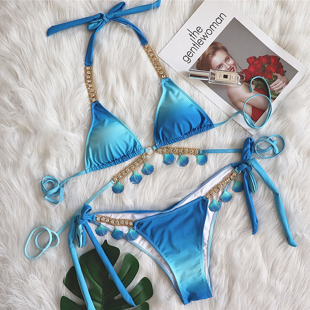New Sexy Strap Gradient Print Women's Split Swimsuit Luxury Crystal Diamond Bikini Shell Swimsuit