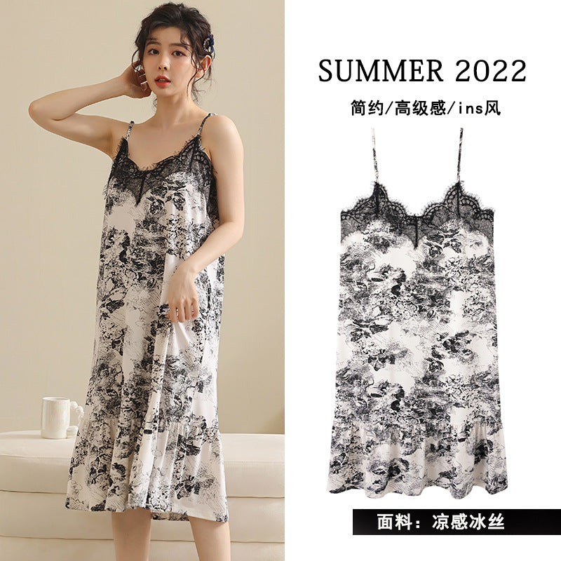 Summer Pajamas Girl Friend Sexy lace Strap Female Student Pajamas Retro Girls Korean Mid length Dress