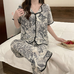 Summer new ink painting ice silk pajamas women's short-sleeved trousers  silk home service suit