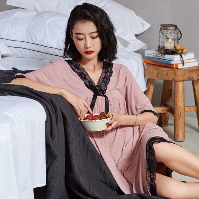 Patchwork Lace V-neck Women Nightgowns Knee-length Sexy Elegant Thin Half Sleeve  Summer Homewear Fashion Chic Soft Leisure
