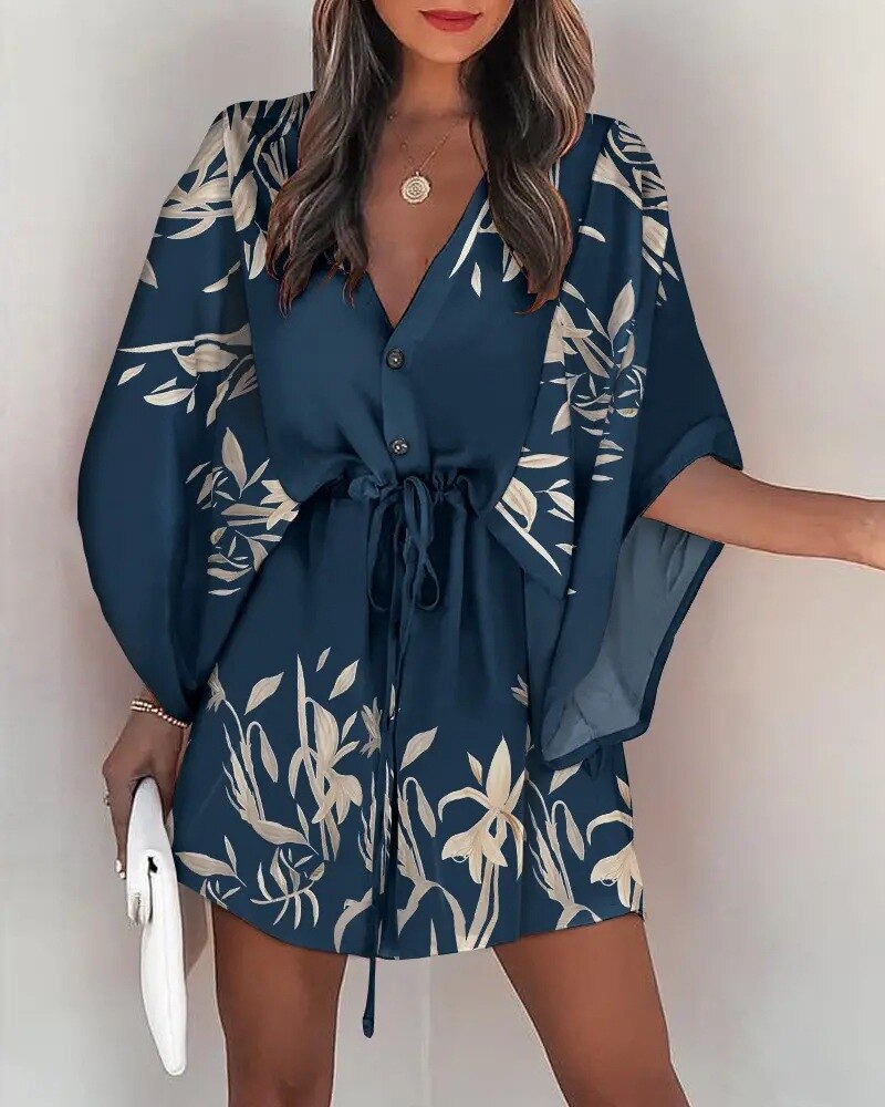 فستان قصير نسائي بوهو كاجوال مطبوع برباط عنق على شكل حرف V وأزرار وأكمام دمية فساتين حفلات مثيرة للنساء 