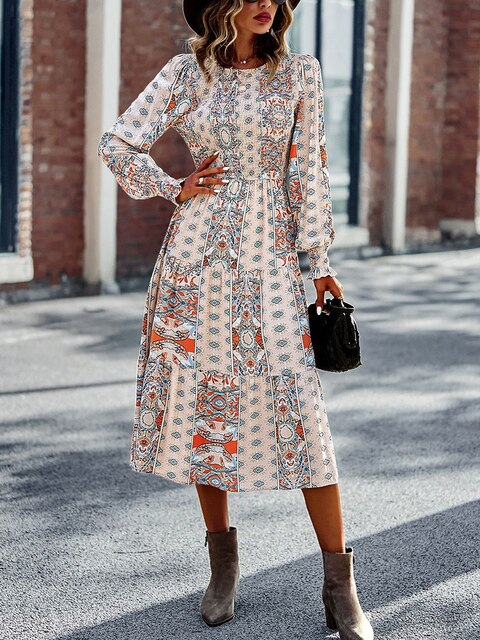 فستان بوهيمي برقبة مستديرة للربيع والخريف، تنورة كبيرة جديدة للفصول الأربعة 