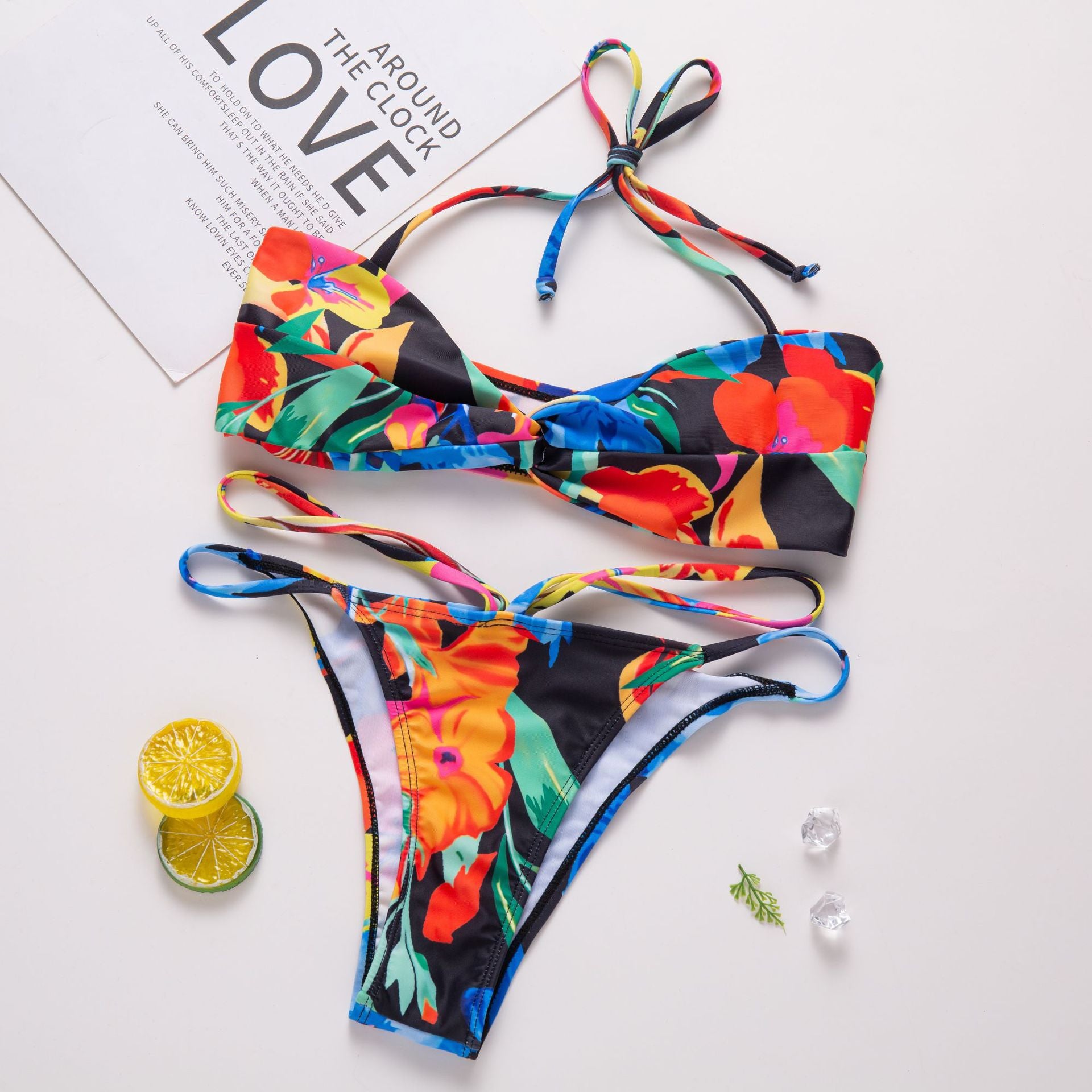 European and American new split swimsuit  floral print open back strappy swimsuit