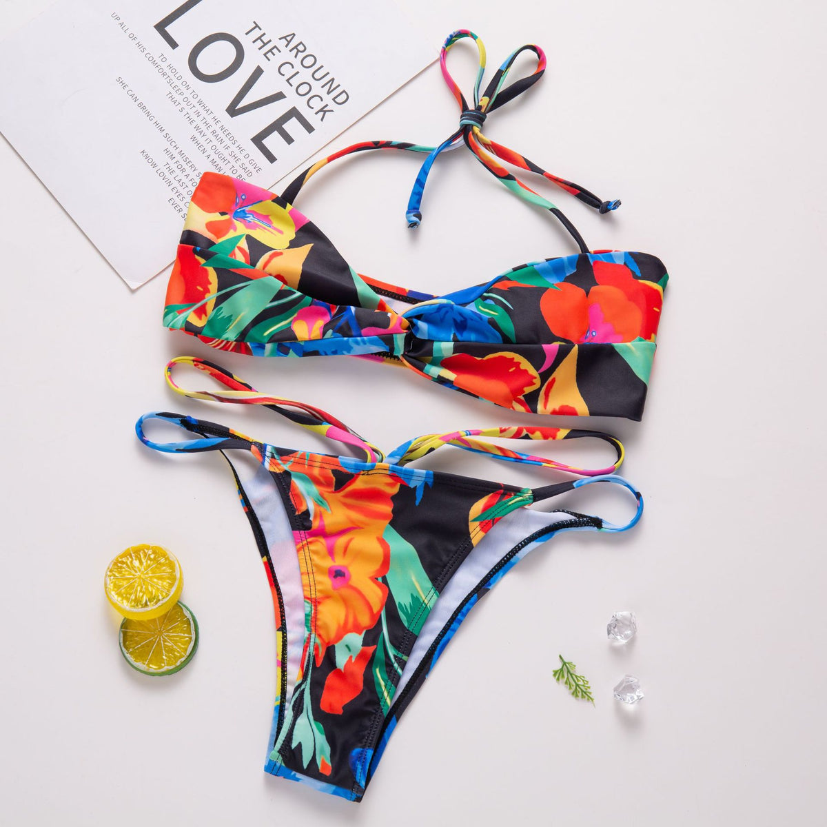 European and American new split swimsuit  floral print open back strappy swimsuit