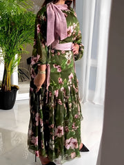 Green Floral Panel Chiffon Dress