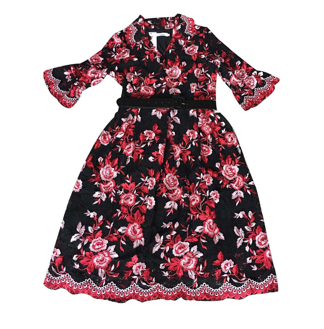 European and American hot-selling lace  flowers V-neck waist A-line dress African temperament commuter dress with belt