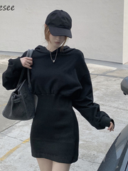 Long sleeve dress women's sexy Korean hot sale Bodycon thickened winter women's basic fashionable clothes Black mini party street guard