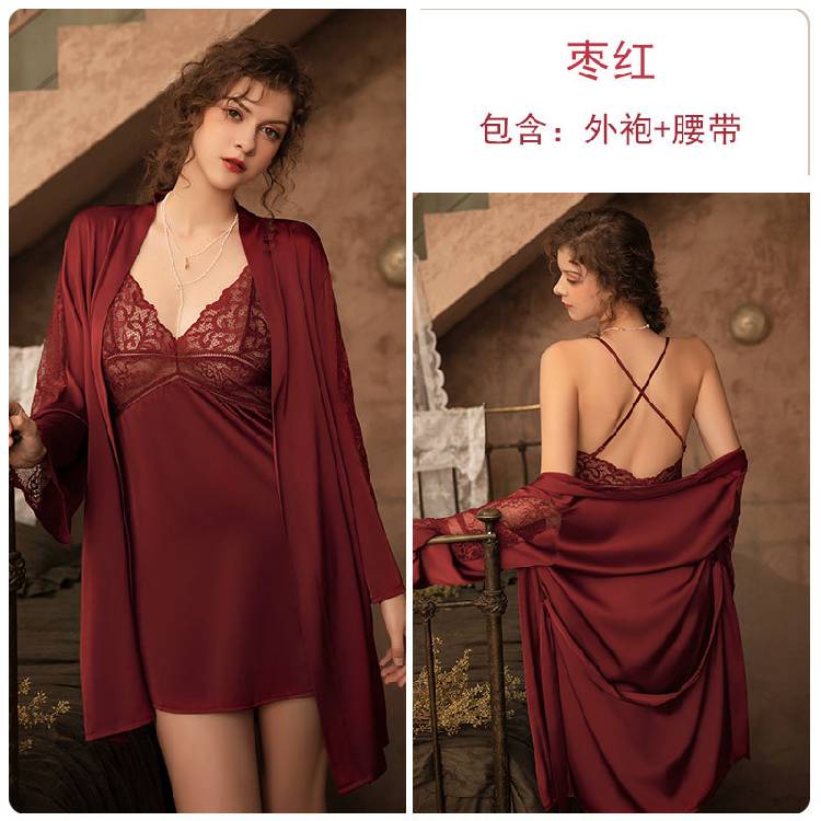 Rose  spring and summer female Europe and the United States new pajamas satin long-sleeved tape nightgown bathrobe home clothing 780