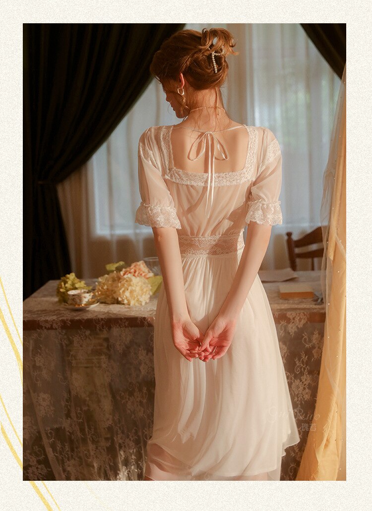 Women Retro Short-sleeved Nightdress Sweet Mesh Lace Long Nightgowns Girls Sexy Lingerie European Court Style Sleepwear Dress