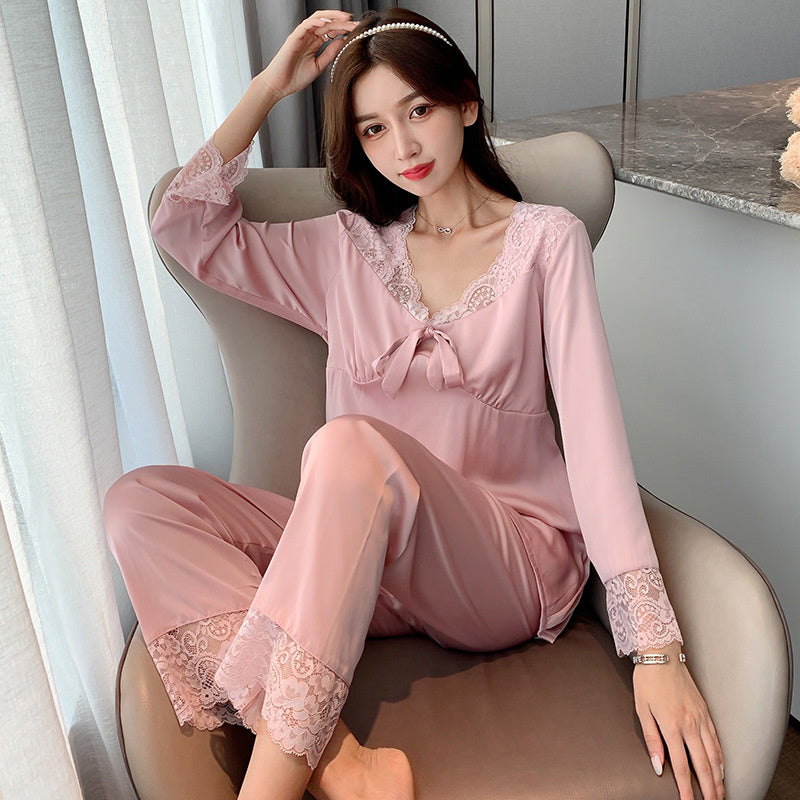 Ladies pajamas spring and autumn ice silk long-sleeved lace thin large size autumn pullover with chest pad home service set