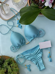2022 spot European and American foreign trade bikini new special fabric solid color braided swimsuit multicolor bikini wholesale