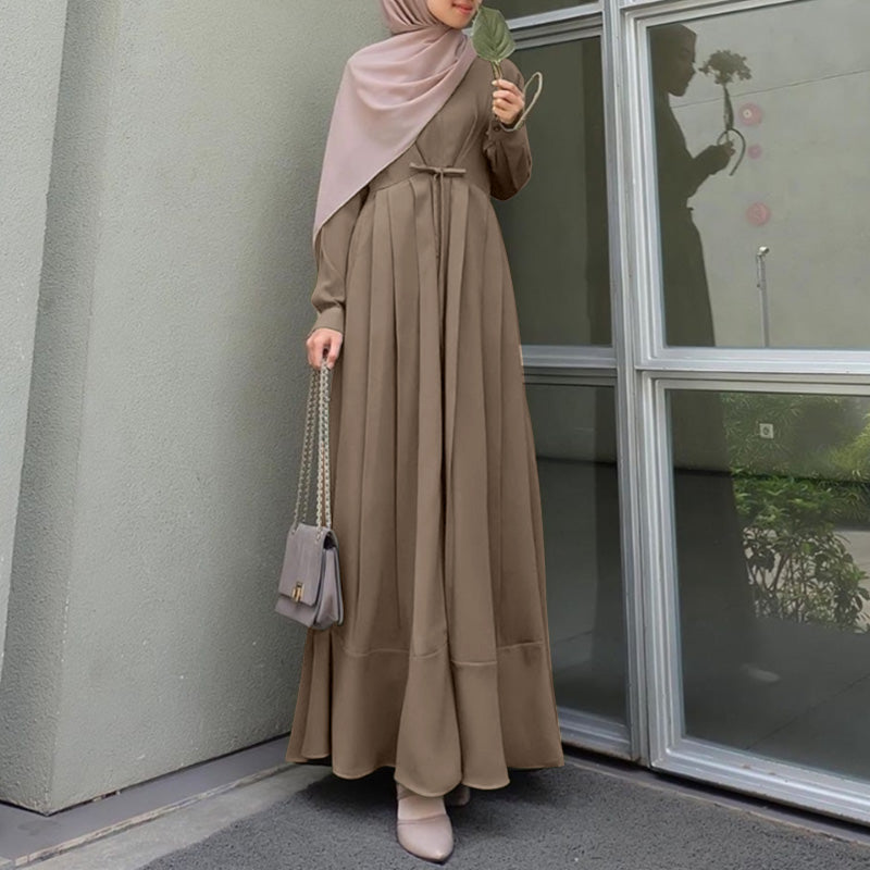 ZANZEA Ms. Muslim style Arabian style temperament solid color round neck long sleeve tie design lotus  hem shirt skirt fashion elegant long skirt robe  casual shirt long dress without headscarf large size