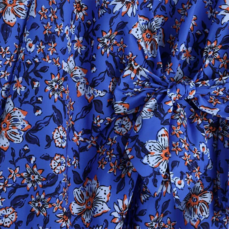 فستان ميدي بنمط بوهو مطبوع عليه زهور فستان نسائي بفتحة رقبة على شكل V وأكمام طويلة فستان نسائي أنيق مربوط بفيونكة على شكل حرف A 