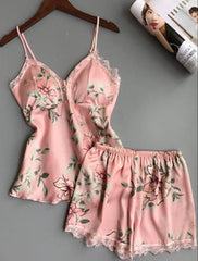 Summer sexy silk plant flower print ladies pajamas  -end