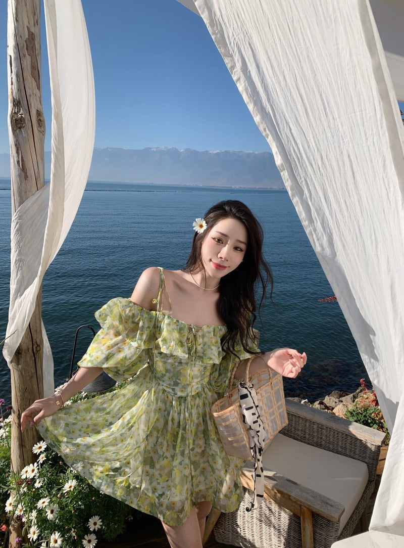 فستان صيفي لقضاء العطلات 2023 مثير أنيق غير رسمي للحفلات النسائية قصير كوري بدون ظهر ملابس للشاطئ فساتين بوهو زهرية.