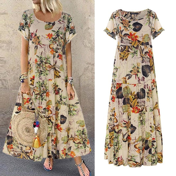 2022 Vintage Cotton Linen Floral Print Short Sleeve Crew Neck Dress