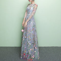 Ladies Long Round Neck Embroidered Flowers Banquet Evening Dress Fashion Party Dress Long Sleeve Dress