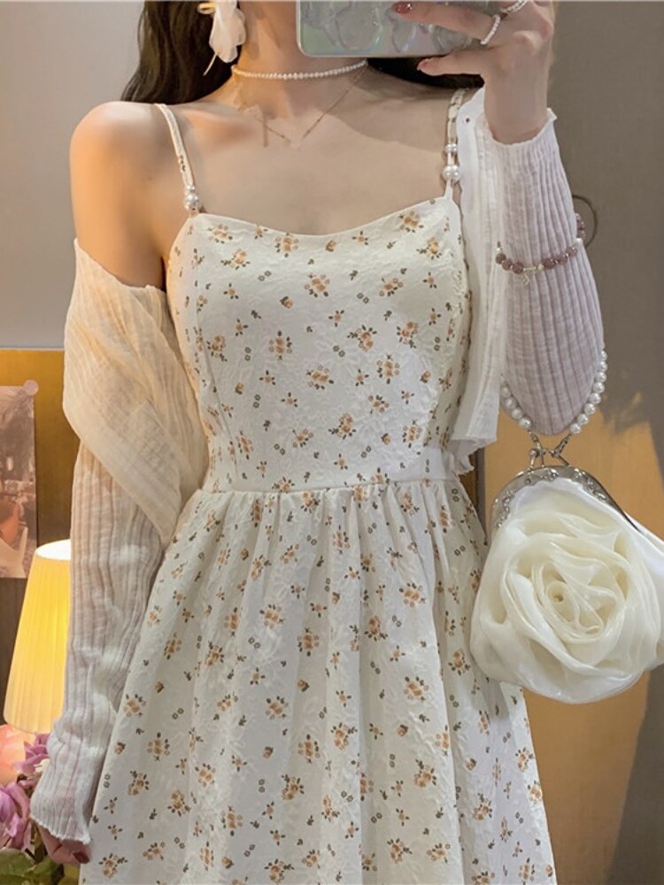 كوريا الملابس 2 قطعة مجموعة فستان المرأة سليم الأزهار فستان بحزام مكتب سيدة الشاطئ نمط بوهو أنيق ميدي فستان حفلة 2022 الصيف