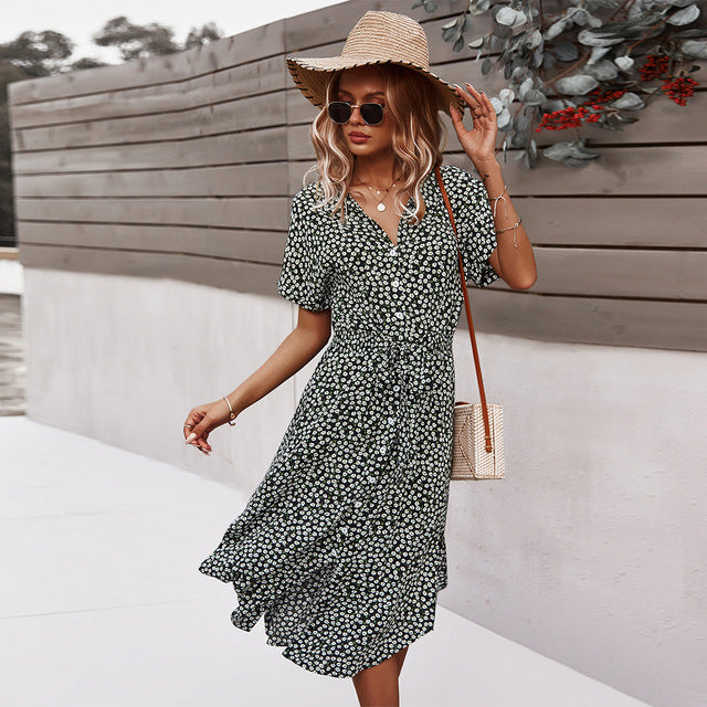 Women Beach Boho Summer Dress 2023 Vintage Floral High Waist Short Sleeve Dresses Button V-Neck Holiday Style Female Vestidos