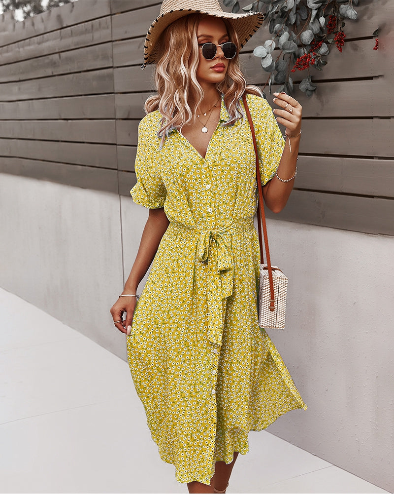 Women Flower Dress 2023 Summer Casual Short Sleeve Button Up Holiday Midi Dress Women V Neck Beach Boho Style Dress Elegant Robe