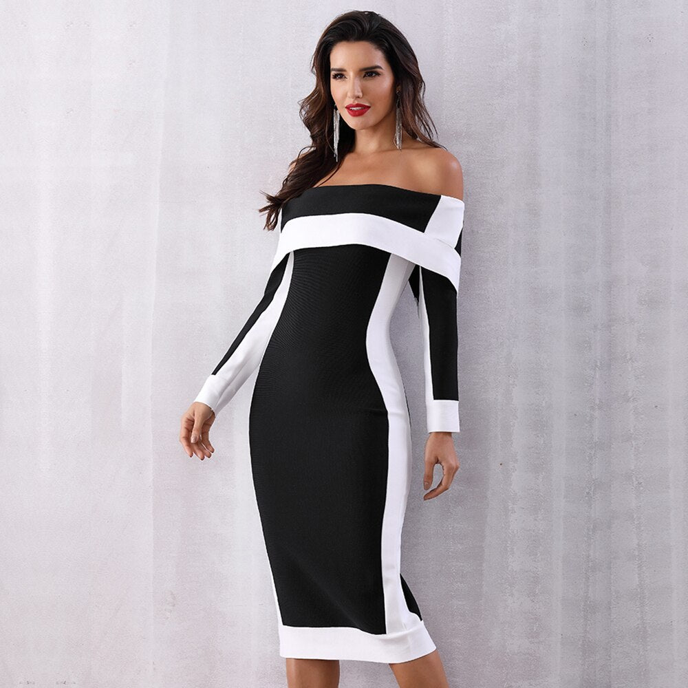 Sexy Off Shoulder Slash Neck Bodycon Dress Patchwork Black White Runway Evening Party Dress Women Elegant Nightclub Pencil Dress