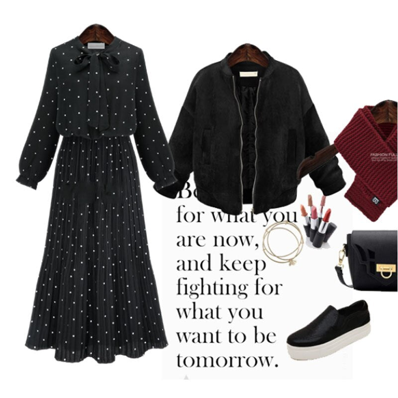 ربيع جديد فضفاض نمط النمط الأوروبي فستان منقط المرأة طباعة طويلة الأكمام السيدات فستان القوس البوهيمي الشيفون الشيفون فستان أسود المرأة رداء