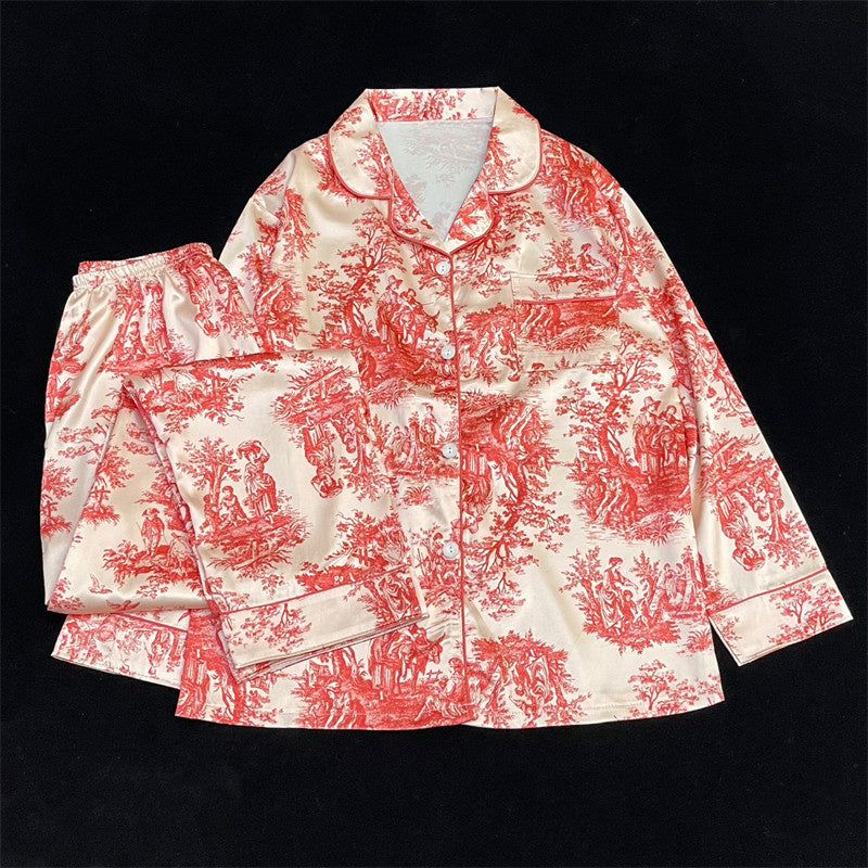 Tie-dye powder comfortable  silk long-sleeved women's pajamas home clothes thin suit