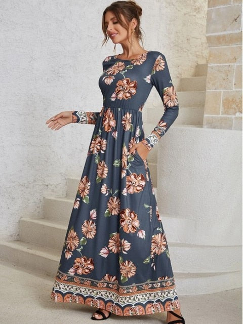 فستان 2022 خريف وشتاء جديد فستان مطبوع بأكمام طويلة وتنورة طويلة 