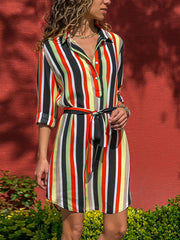 فستان قميص طويل الأكمام صيفي بوهو للشاطئ فساتين نسائية كاجوال مخططة مطبوعة على شكل حرف a فستان حفلات صغير