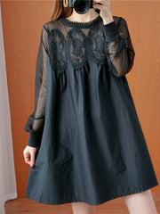 Large size women's lace mesh splicing  dress  and thin mid-length fat mm long-sleeved solid color dress