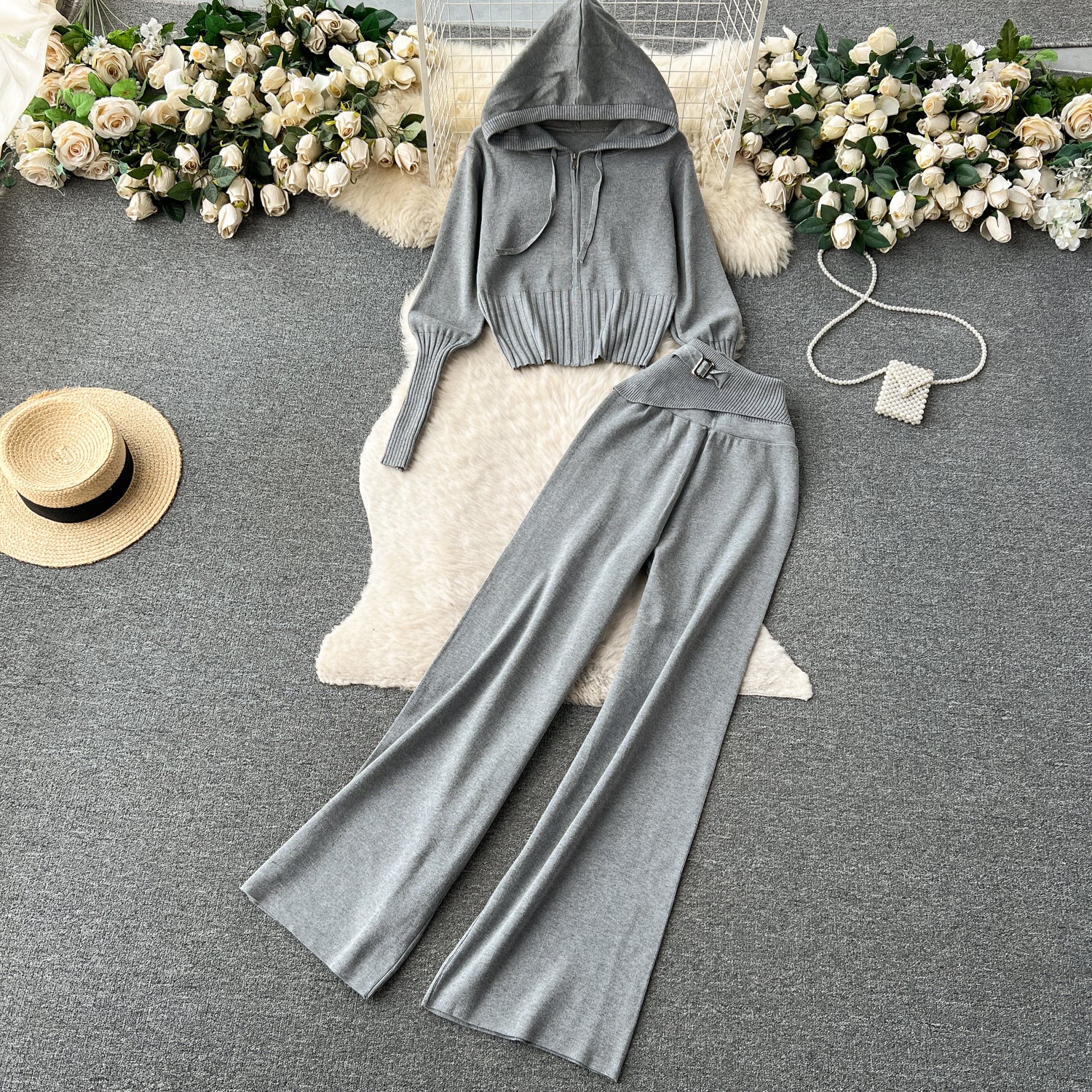 Autumn and winter European and American style minimalist solid color  hooded top +  waisted  trousers casual two-piece set
