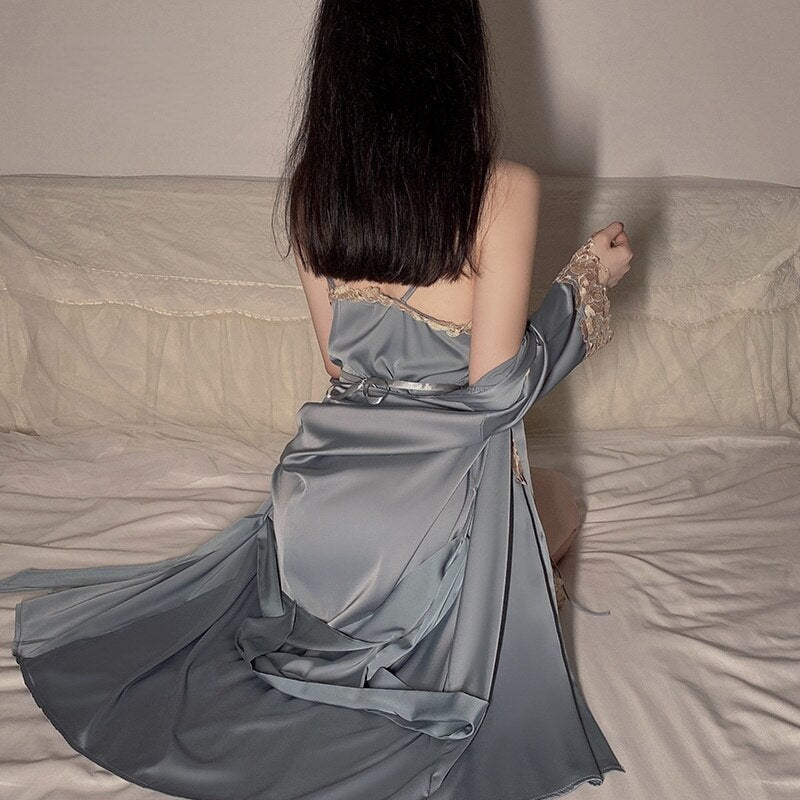 New Women`s Lingerie Sexy Satin Lace Nightgown Thong Robe Suit Female Thin Deep V Strap Nightdress Bathrobe Sets Sleepwear