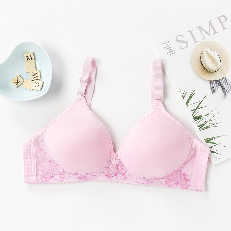 Plus Size Women's Solid Color Lace Flower Bras Gathering No Steel Rings Comfortable Thin Underwear