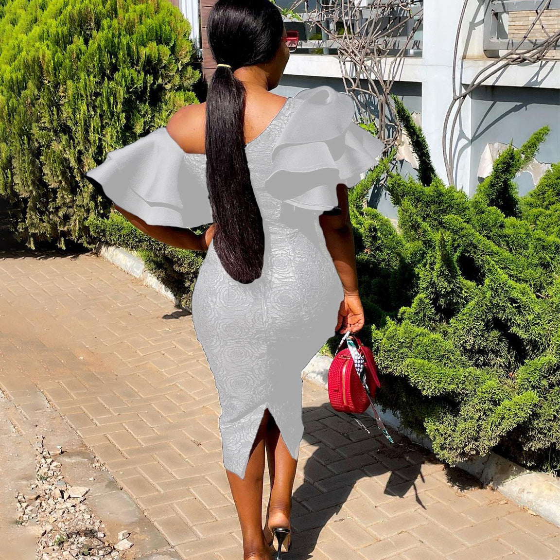 Off-the-shoulder temperament Tongle lace stitching high waist banquet dress skirt African dress