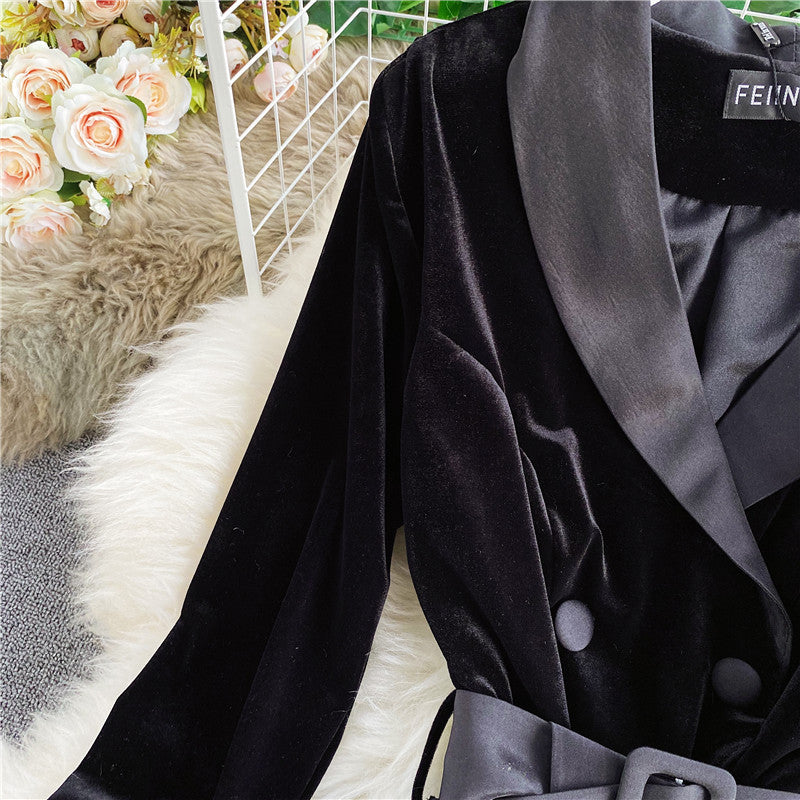 New autumn and winter Korean style trendy lace-up waist slimming mid-length windbreaker jacket for women