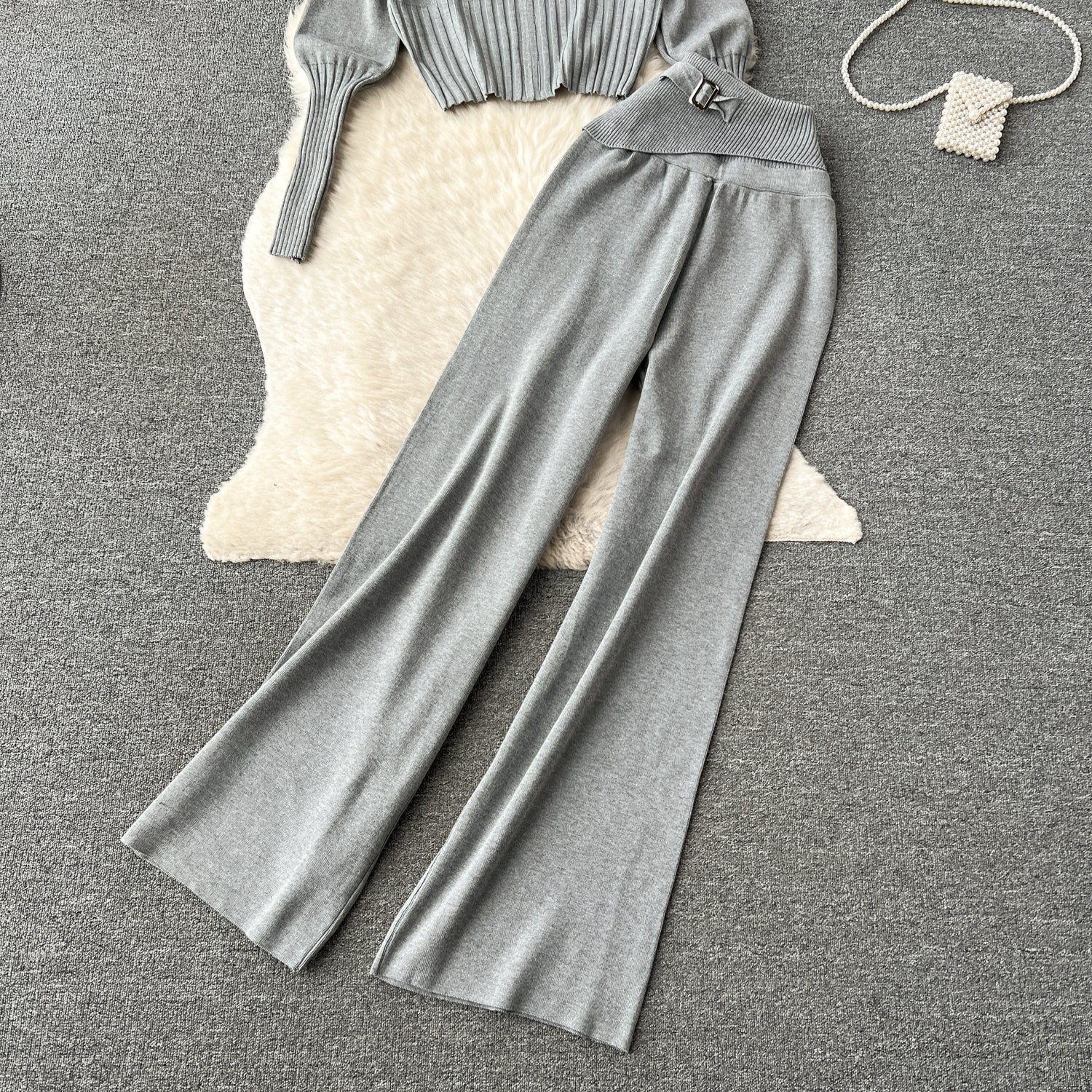 Autumn and winter European and American style minimalist solid color  hooded top +  waisted  trousers casual two-piece set