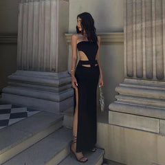 Women's New Solid Color Dress Hollow Wrap Chest Backless Dress Sexy Fashion Night Club Side Split Sleeveless Dress Long Skirt