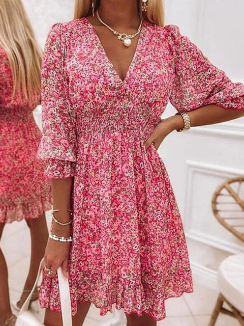 Women Floral Print Dress 2023 New Summer Sexy V-Neck Boho Half Sleeve A-Line Short Dress Female Elegant Beach Dresses Vestidos