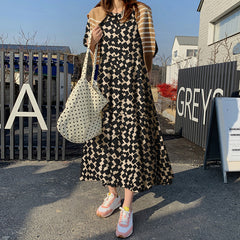 ZANZEA ladies Japanese and Korean style temperament leopard print ladies long skirt round neck bubble half sleeve and ankle skirt fashion trend elegant literary skirt loose spring and autumn daily leisure vacation style long dress large size