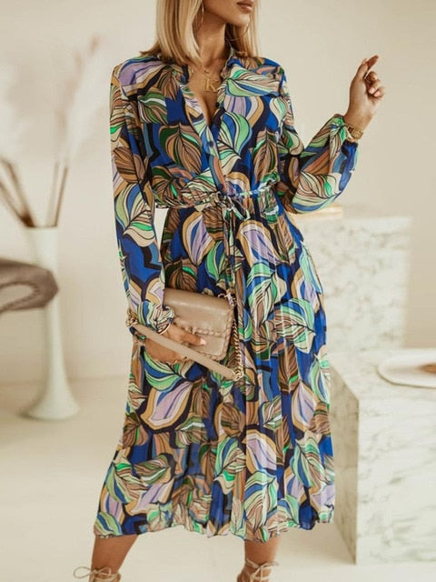 مثير الخامس الرقبة بوهو فانوس كم طويل فستان الشاطئ أنيقة مطبوعة الشيفون خمر المرأة أزياء من الدانتل حتى مطوي فستان الحفلات