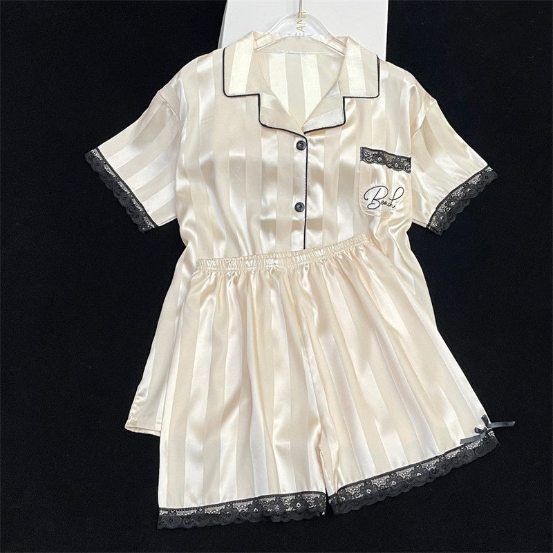 Luxurious chic summer silky women's pajamas short-sleeved home clothes thin section  silk suit