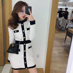 QWEEK 2021 Fashion Korean Style Knitted Dress Winter White Women Knit Bodycon Dress Elegant Long Sleeve Dress Knitwear For Women