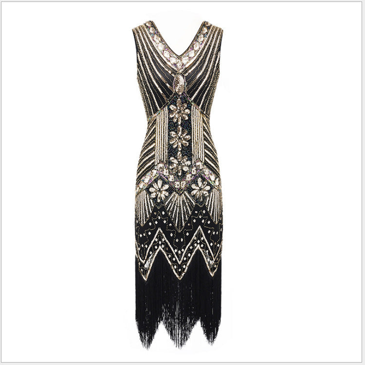 Hot selling new retro style sequined beaded dress front and back V-neck fashion fringe dress