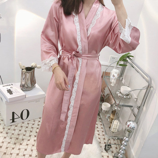 Dressing gown female bride bridesmaid group wedding home nightgown spring and autumn ice silk long bathrobe sexy lace