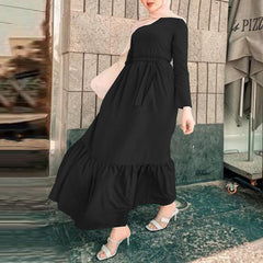 ZANZEA - Langes muslimisches Kleid mit Rüschensaum, lange Ärmel, einfarbig, Sommer, Dubai, Türkei, Abaya, Hijab, Plus Size