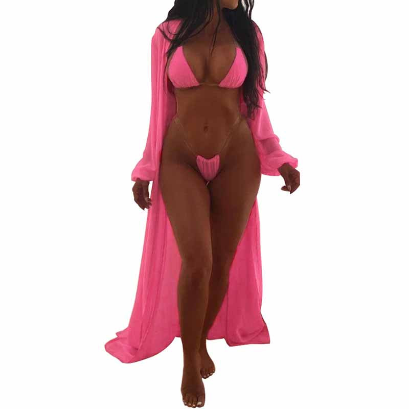 New European and American solid color women's two-piece bikini + long-sleeved sunscreen blouse three-piece swimsuit suit