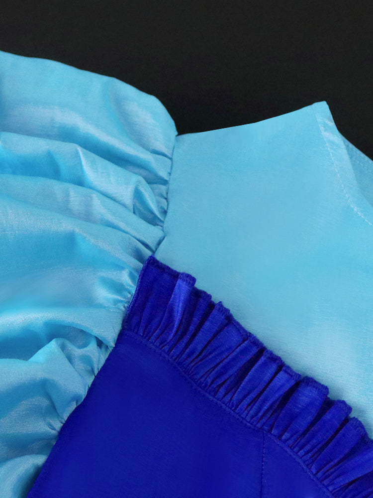 AOMEI Women Sheath Dress Party Shiny Elegant Blue Color Block Bodycon O Neck Long Lantern Sleeves Event Birthday Fall