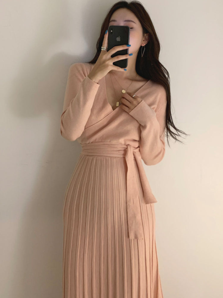 Stretchy Women Knitted Bodycon Pencil Dress New 2022 Autumn Winter Solid Vestidos Long Sleeve V Neck Slim Lady Chic Korean Dress